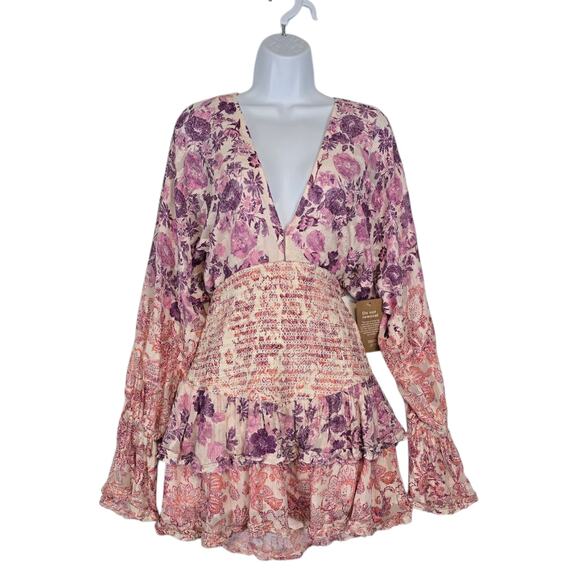 Hemant & Nandita Suki Mini Dress Floral Embroidered Smock Waist White Pink L NWT - Picture 2 of 15